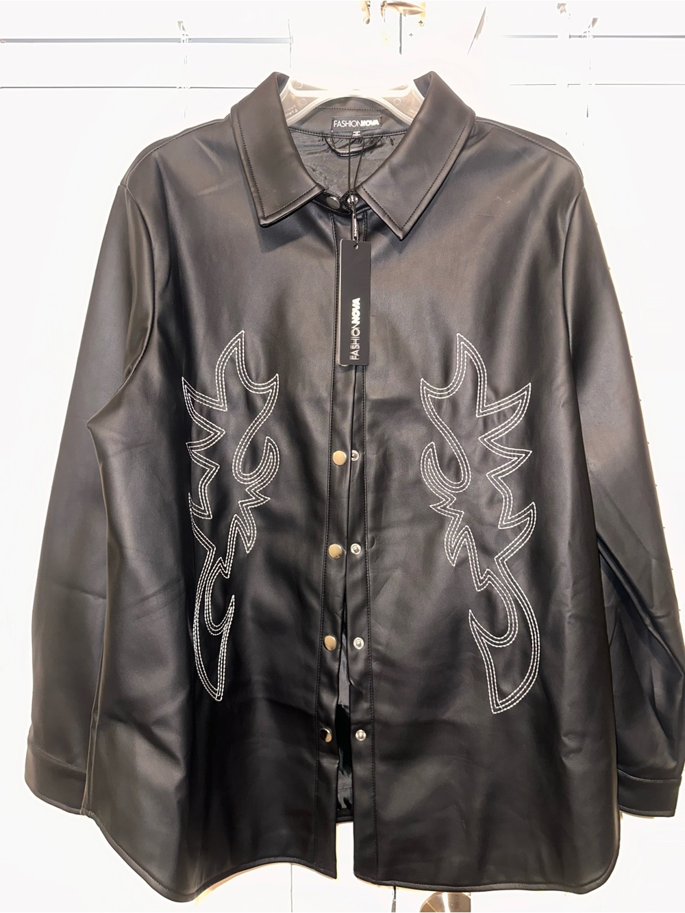 Fashion Nova Women's Black Faux Leather Western Button-Up Shirt Size